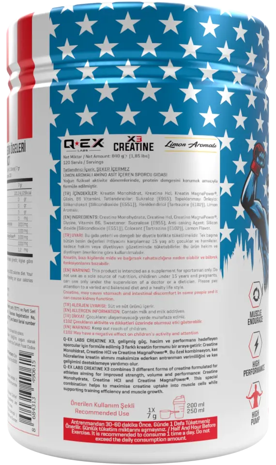 Qex Labs Kreatin X3 840 Gr 120 Servis Limon Aromalı