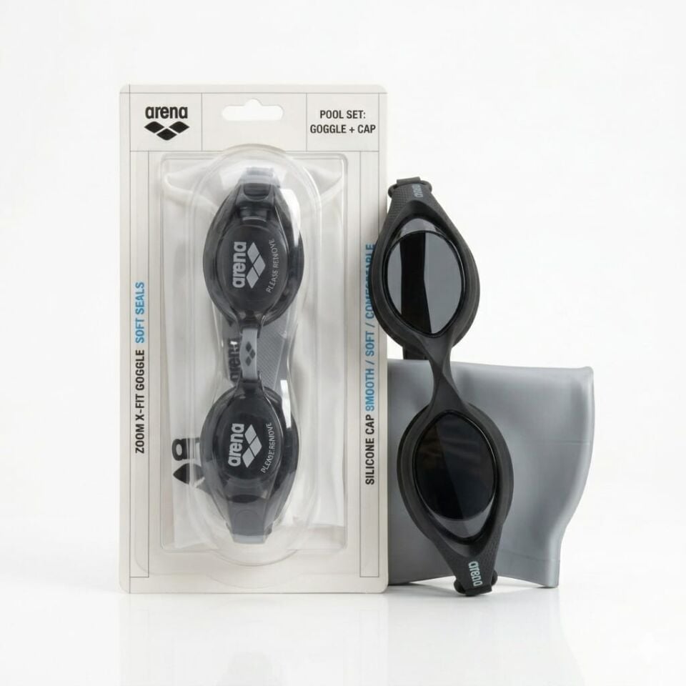Arena Pool Set Unisex Yüzücü Gözlüğü + Bone Set Siyah Gri