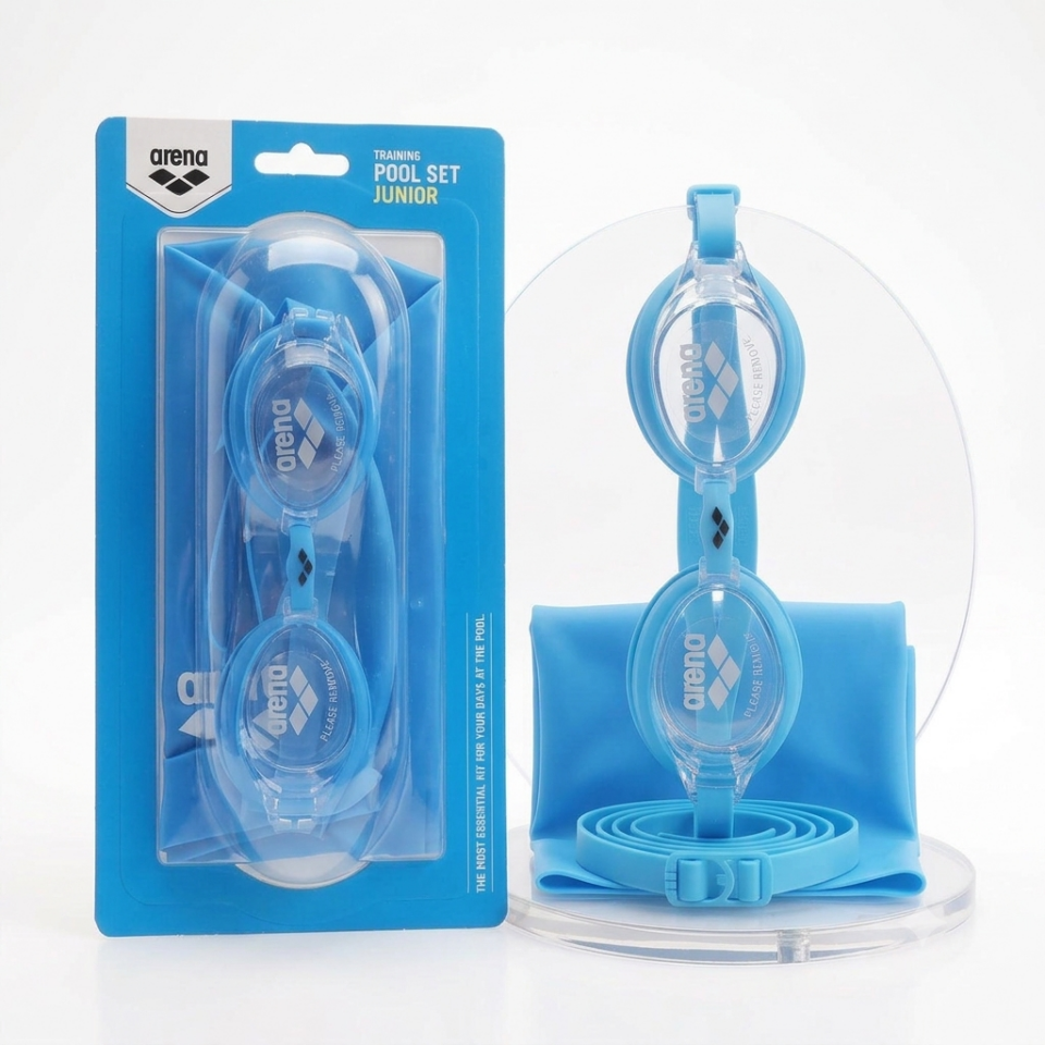 Arena Pool Jr Set Unisex Çocuk Yüzücü Gözlüğü Seti Bone + Gözlük Mavi