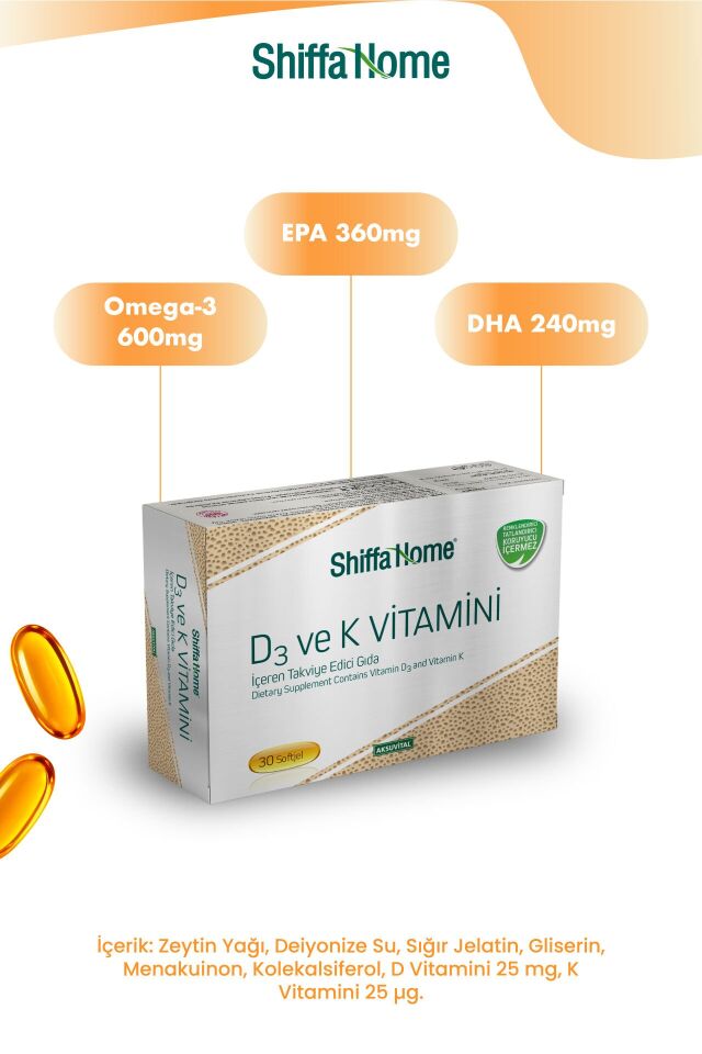 AksuVital Shiffa Home D3 ve K2 Vitamini 1300mg 30 Softjel